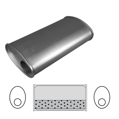 2-1/2" Sports Muffler Inline Offset/Offset - 10" x 4" Oval, 10" Long Same Side Inlet Outlet