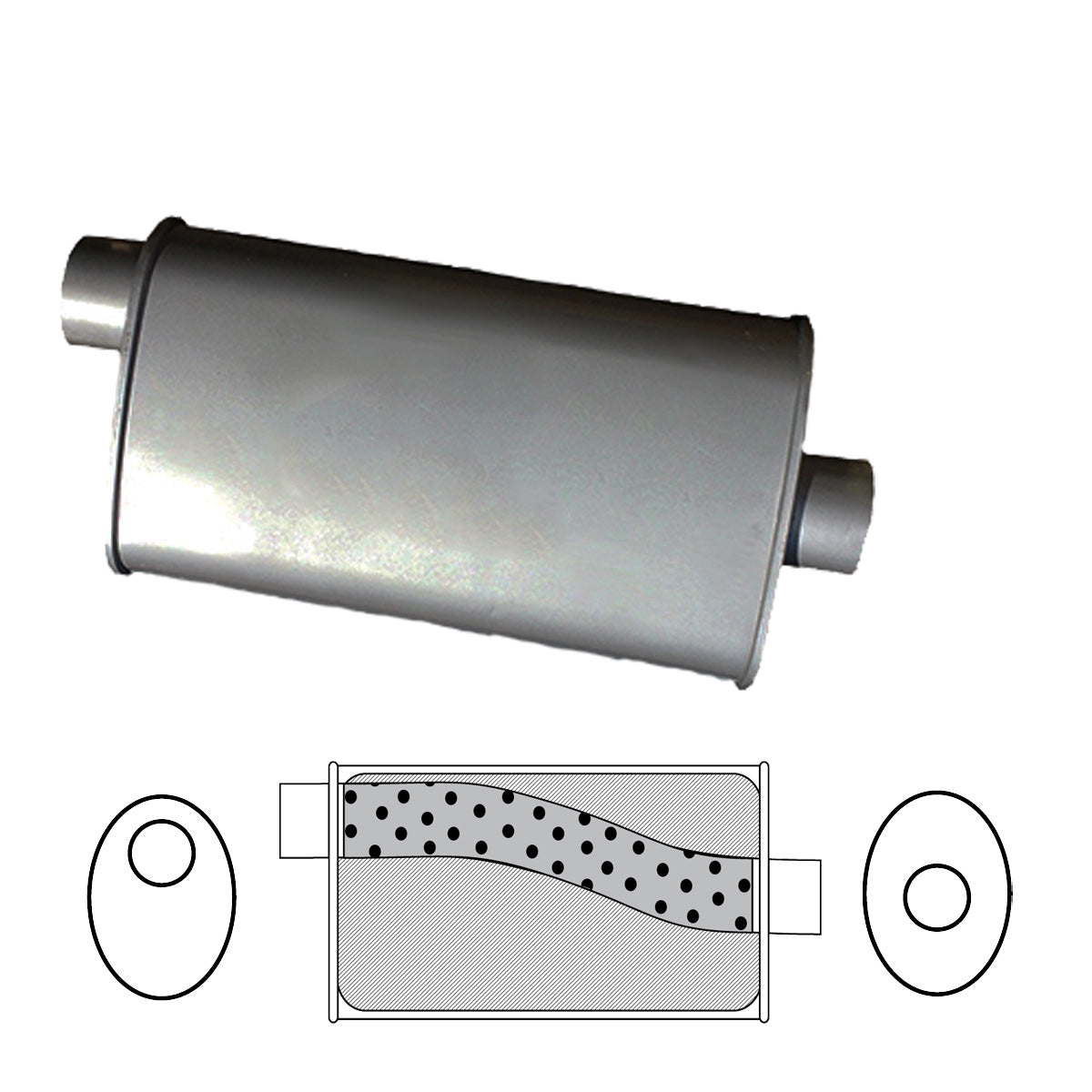 2-1/2" Performance Muffler Offset/Centre - 10" x 4" Oval, 14" Long, Aluminised Steel