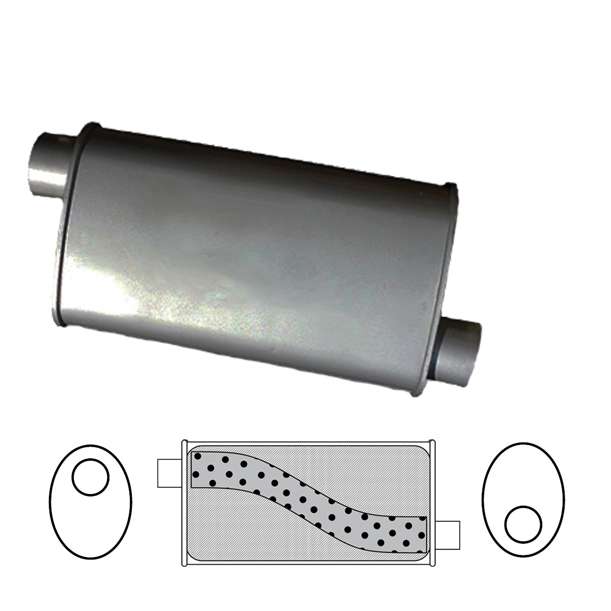 2-1/2" Performance Muffler Offset/Offset - 10" x 4" Oval, 14" Long, Aluminised Steel