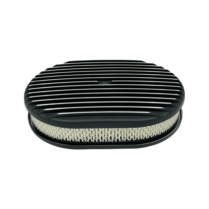 12" Oval Air Cleaner Full Finned Black Cast Aluminium with High Flow Filter