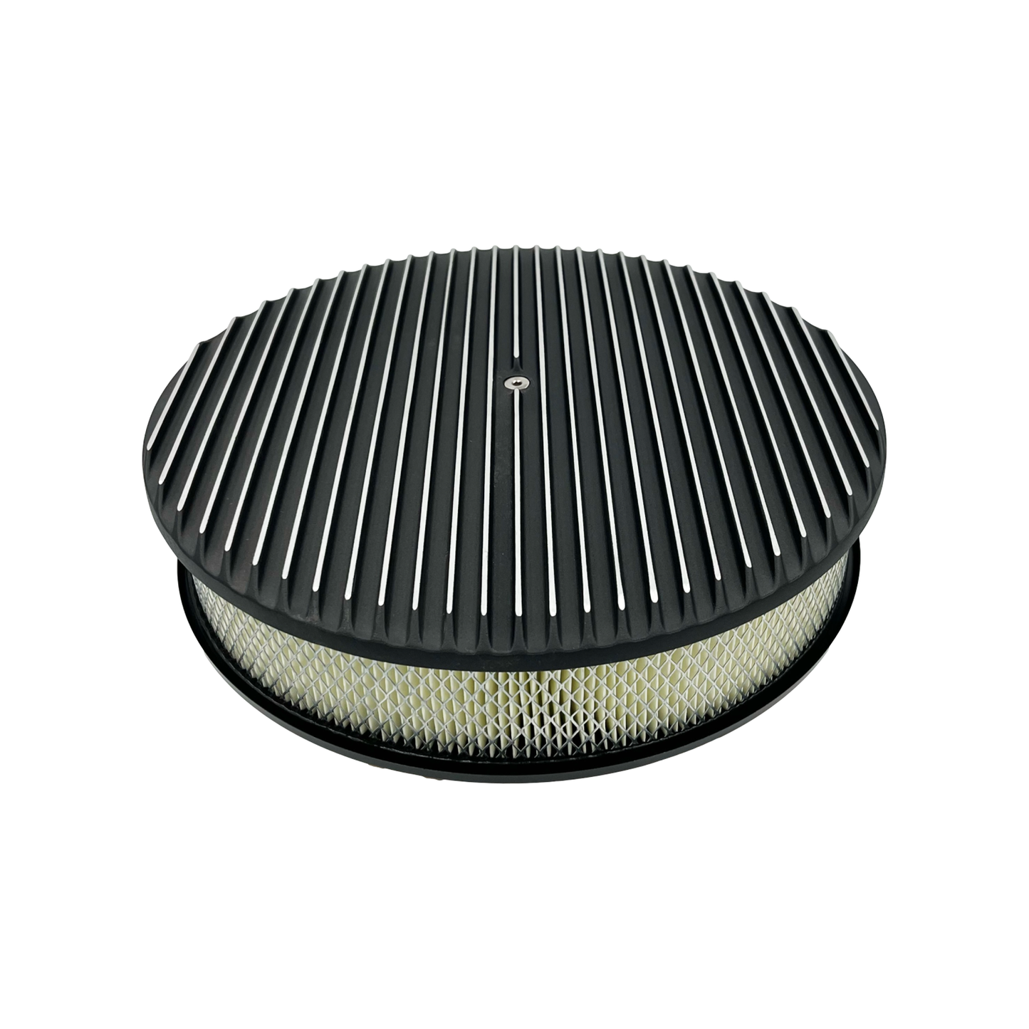 14" x 3" Round Air Cleaner Full Finned Black Cast Aluminium 5-1/8" Neck w Flat Base