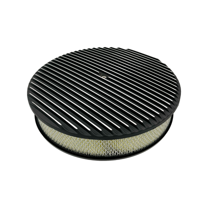 14" x 3" Round Air Cleaner Full Finned Black Cast Aluminium 5-1/8" Neck w Flat Base
