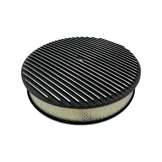 14" x 3" Round Air Cleaner Full Finned Black Cast Aluminium 5-1/8" Neck w Flat Base