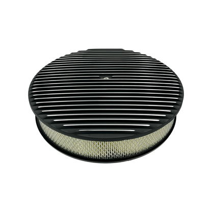 14" x 3" Round Air Cleaner Full Finned Black Cast Aluminium 5-1/8" Neck w Flat Base