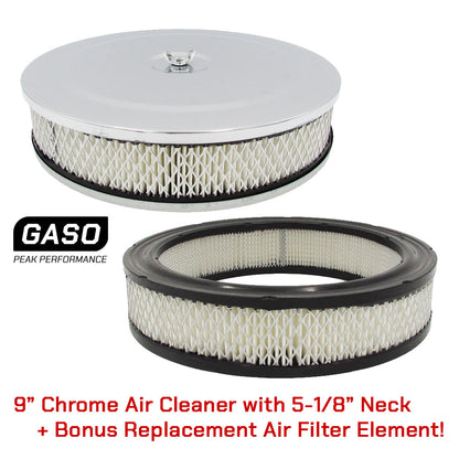 Air Cleaner Chrome 9" X 2" with 5-1/8" Neck + EXTRA Replacement Air Filter