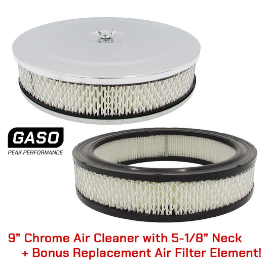 Air Cleaner Chrome 9" X 2" with 5-1/8" Neck + EXTRA Replacement Air Filter