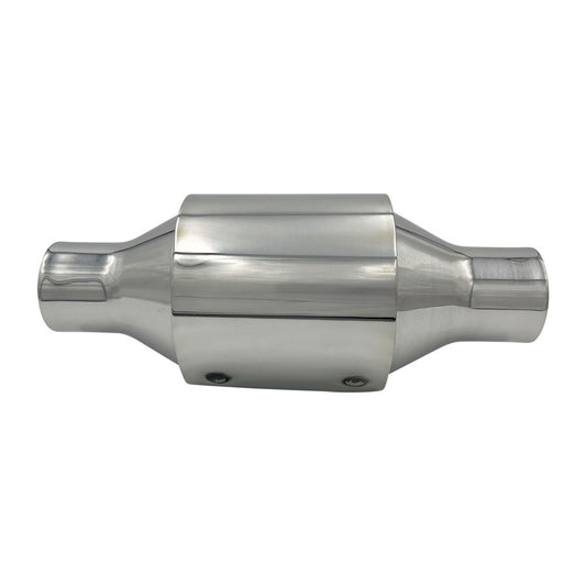 Hi Flow Catalytic Converter, 2" In/Out, 100 CPSI, Polished Stainless Steel with Heat Shield