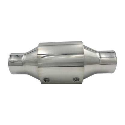 Hi Flow Catalytic Converter, 2.25" In/Out, 100 CPSI, Polished Stainless Steel with Heat Shield
