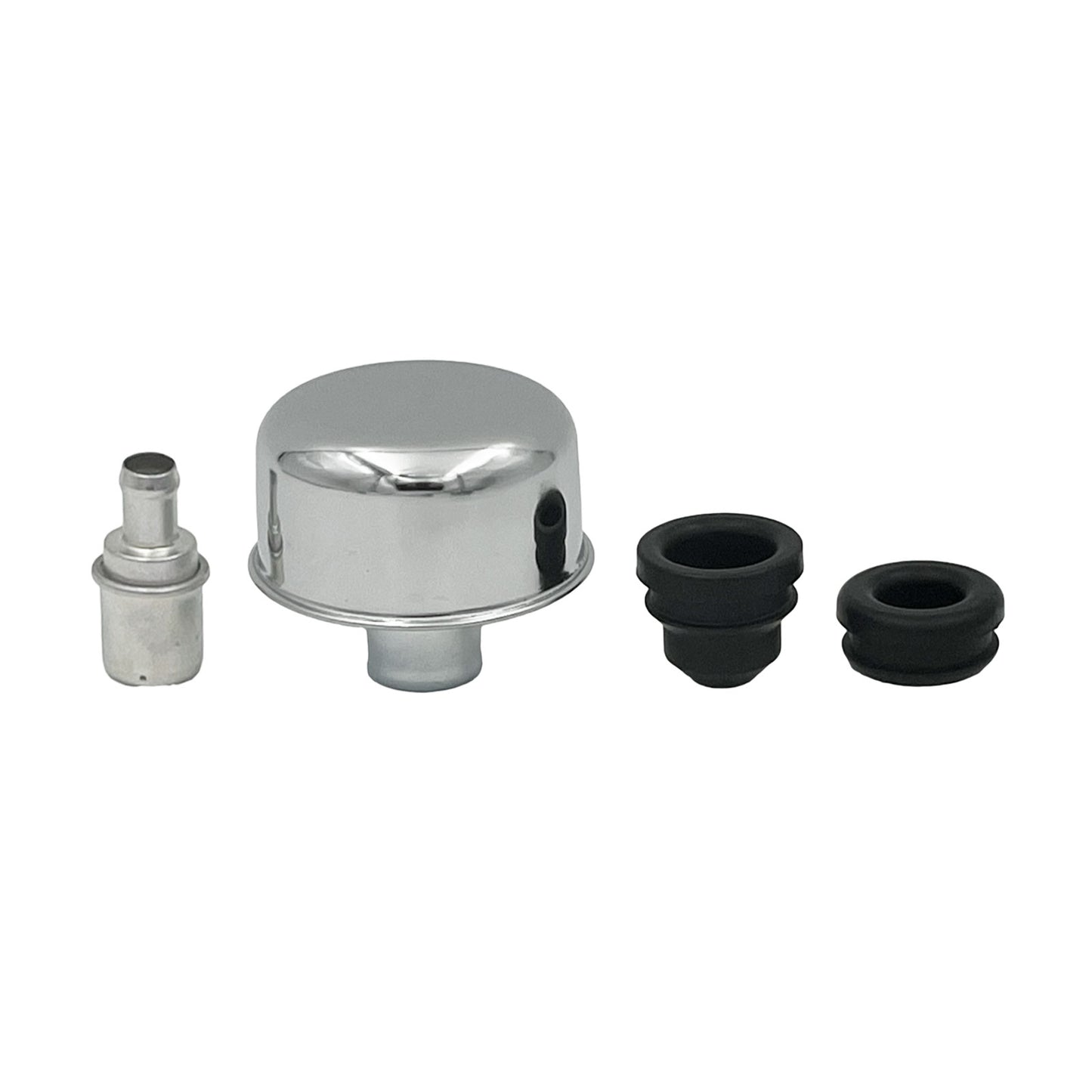 Steel PCV Valve & Chrome Breather Cap & Grommets Set - 1.25" Valve Rocker Cover Holes