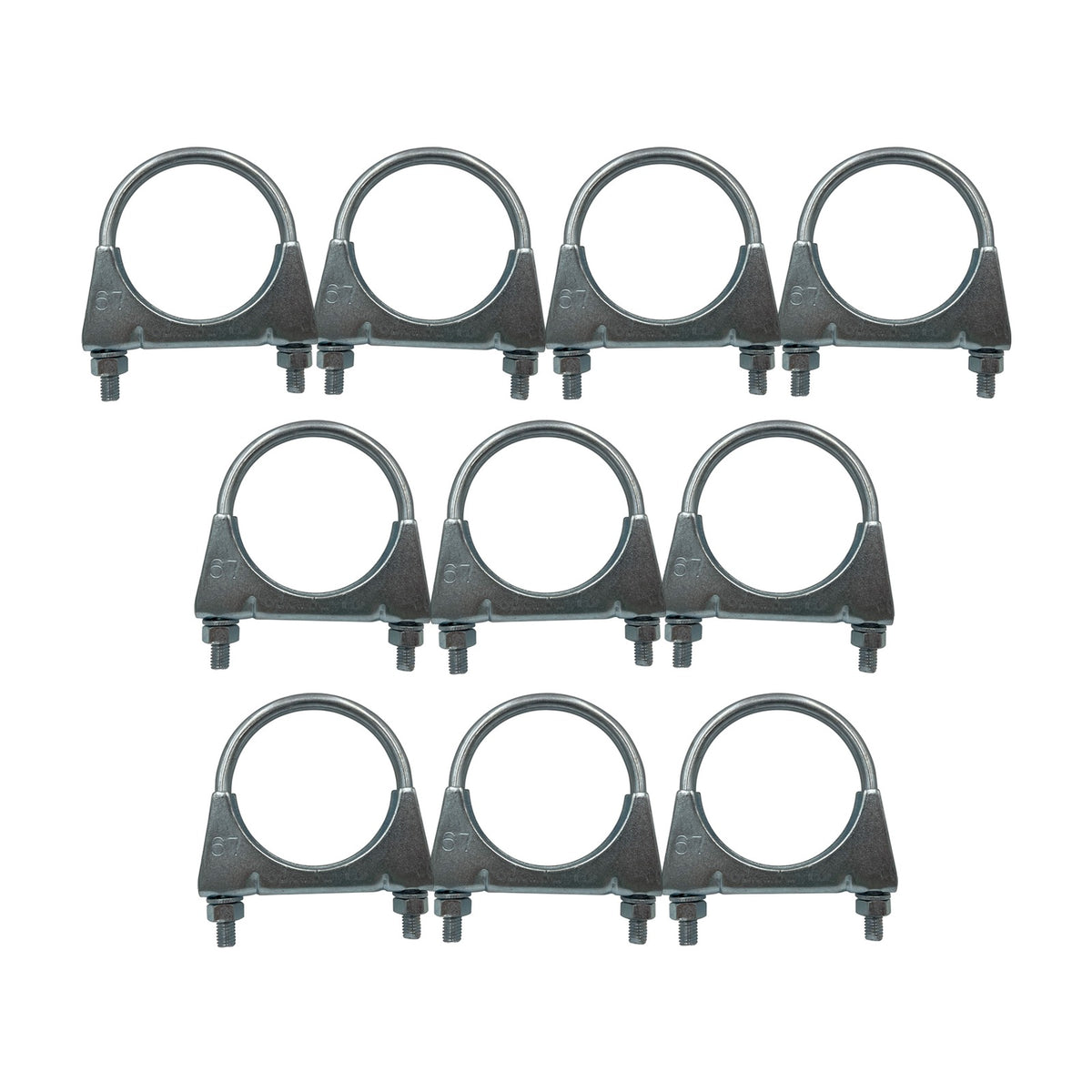 10 Pack of 2.5 Inch Exhaust Pipe & Muffler U Clamps - 2-5/8 Inch (67mm) Span, Zinc Plated with Flange Nuts