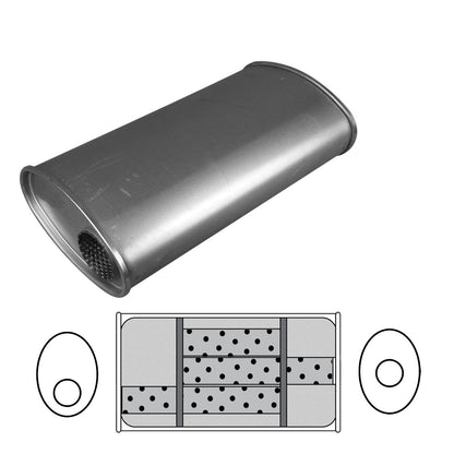 2-1/4" Triple Flow Muffler Offset/Centre - 11" x 6" Oval, 20" Long, Aluminised Steel