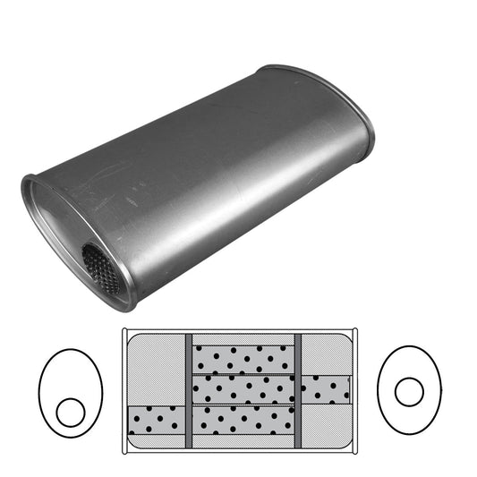 2-1/4" Triple Flow Muffler Offset/Centre - 11" x 6" Oval, 20" Long, Aluminised Steel