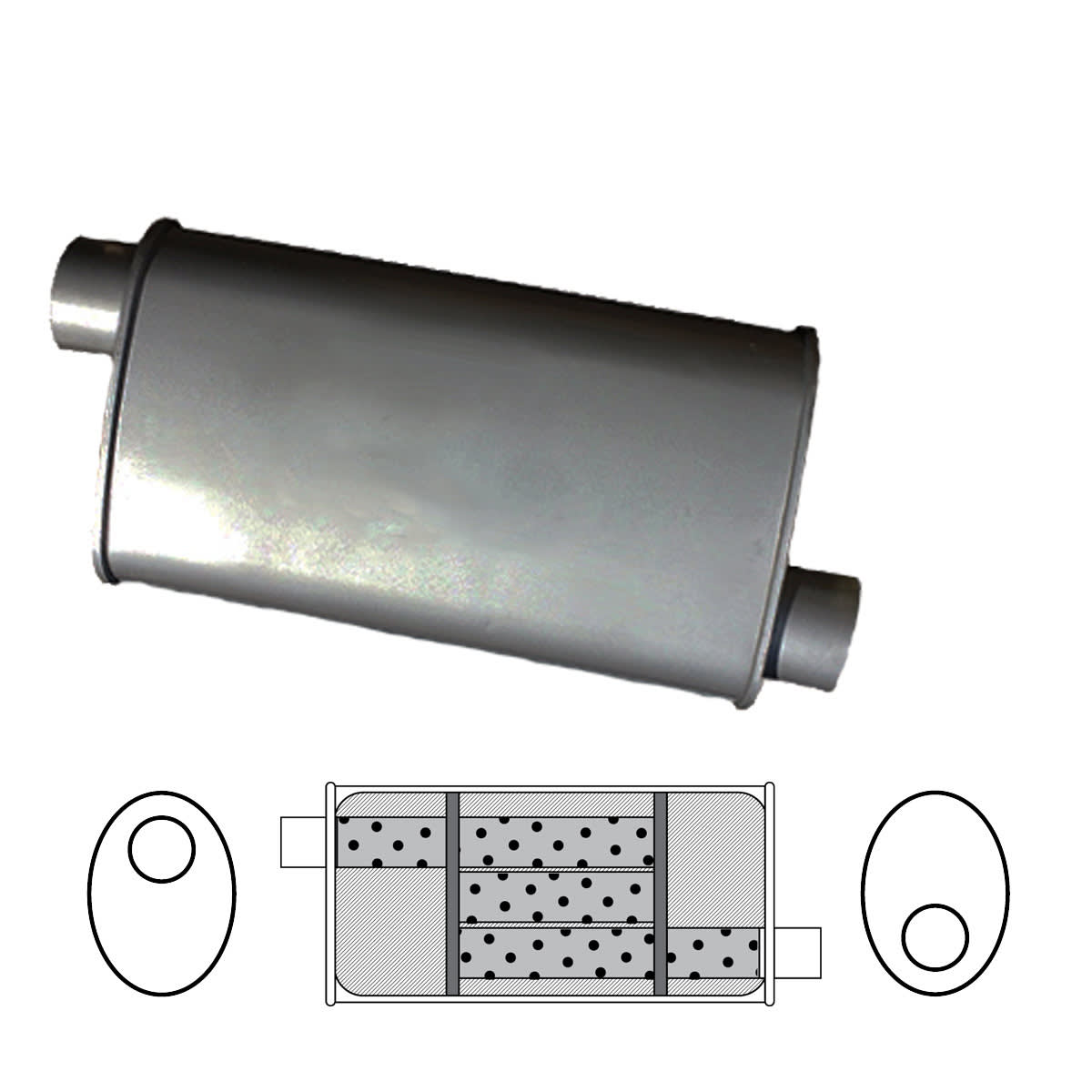 2" Triple Flow Muffler Offset/Offset - 8" x 4" Oval, 12" Long, Aluminised Steel