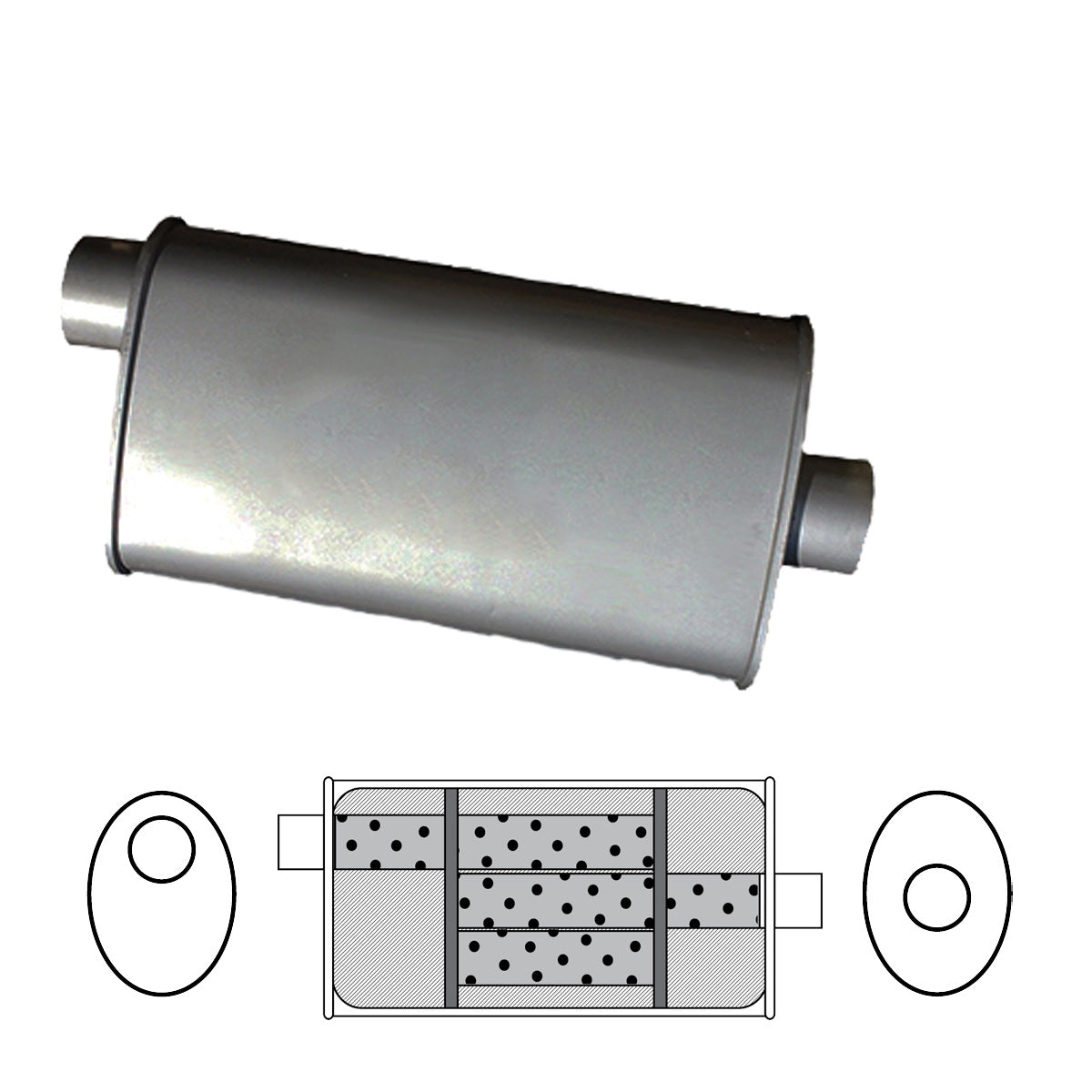2" Triple Flow Muffler Offset/Centre - 8" x 4" Oval, 14" Long, Aluminised Steel
