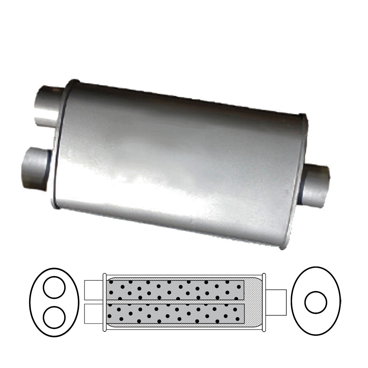 2" Triple Flow Muffler Single In/Twin Out - 8" x 4" Oval, 14" Long, Aluminised Steel