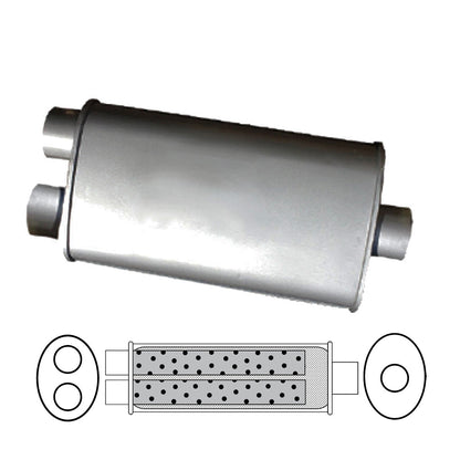 2" Triple Flow Muffler Single In/Twin Out - 8" x 4" Oval, 14" Long, Aluminised Steel