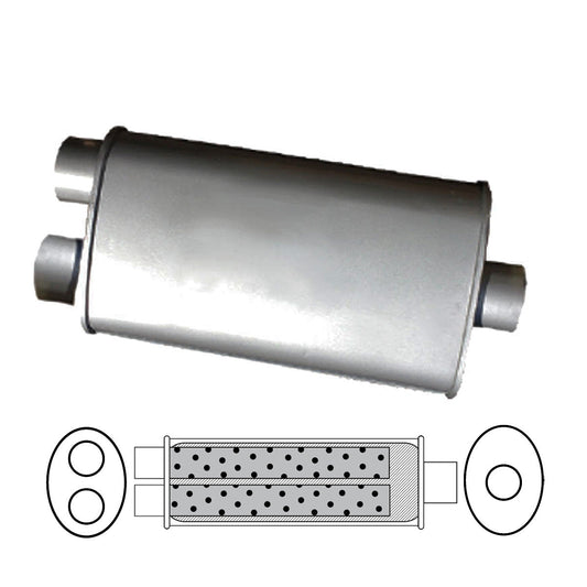 2" Triple Flow Muffler Single In/Twin Out - 8" x 4" Oval, 14" Long, Aluminised Steel