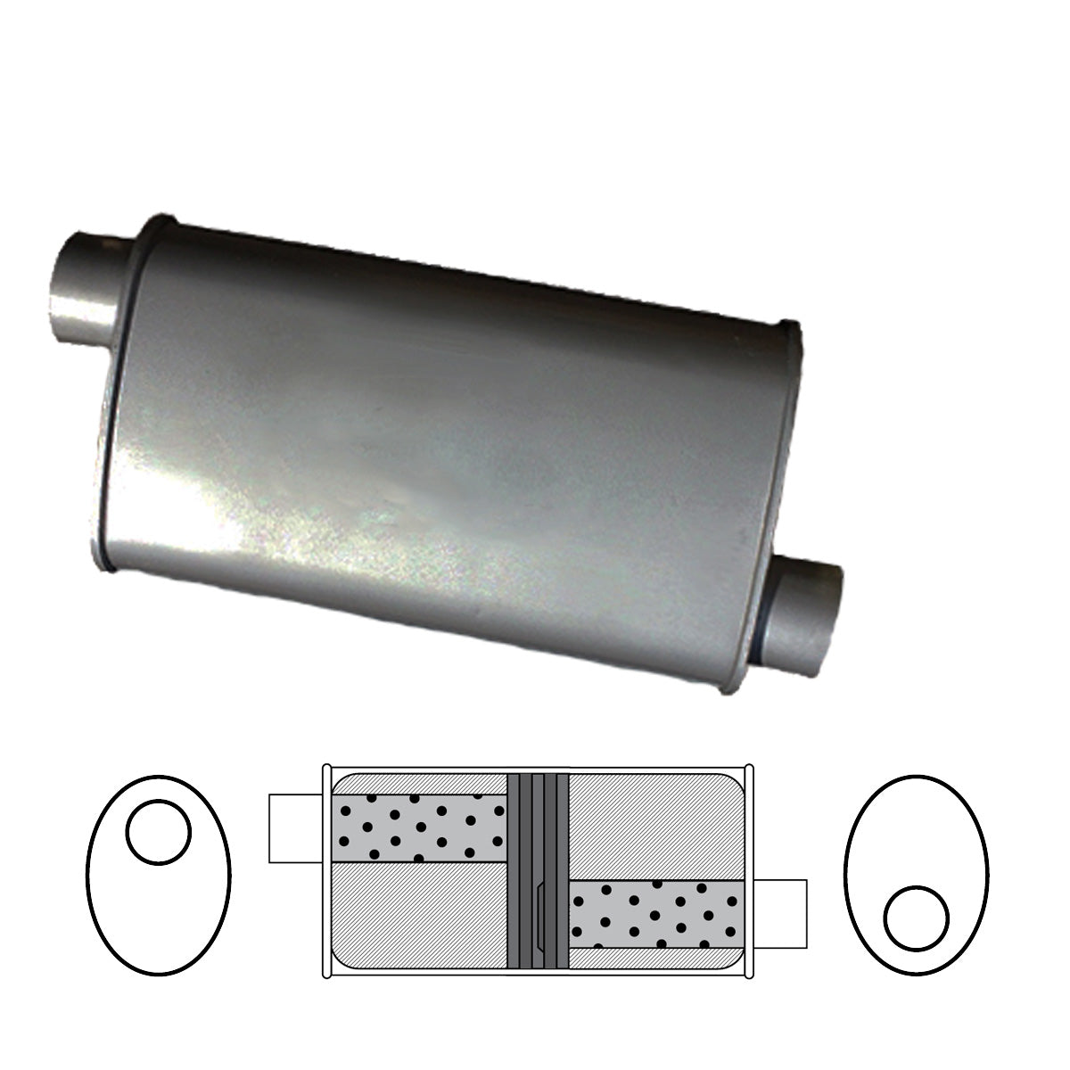 2" Baffled Muffler Offset/Offset - 8" x 4" Oval, 16" Long, Aluminised Steel