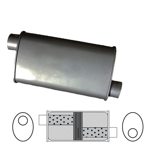 2" Baffled Muffler Offset/Offset - 8" x 4" Oval, 16" Long, Aluminised Steel