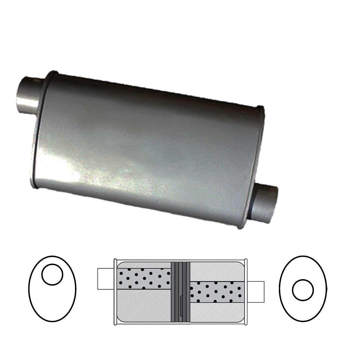 2-1/4" Baffled Muffler Offset/Centre - 8" x 4" Oval, 14" Long, Aluminised Steel