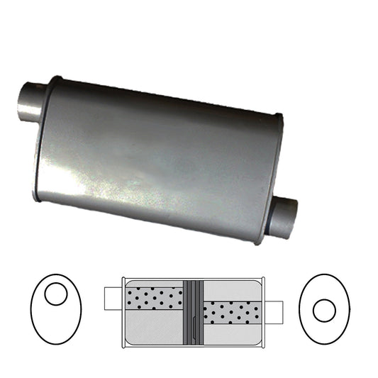 2-1/4" Baffled Muffler Offset/Centre - 8" x 4" Oval, 14" Long, Aluminised Steel
