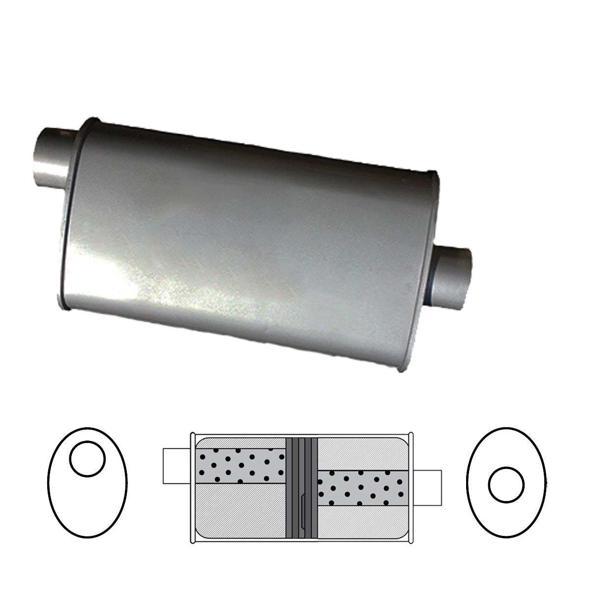 2-1/2" Baffled Muffler Offset/Centre - 8" x 4" Oval, 14" Long, Aluminised Steel