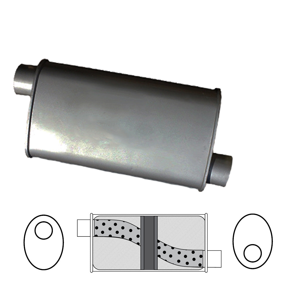 2-1/2" Chambered Muffler Offset/Offset - 8" x 4" Oval, 16" Long, Aluminised Steel