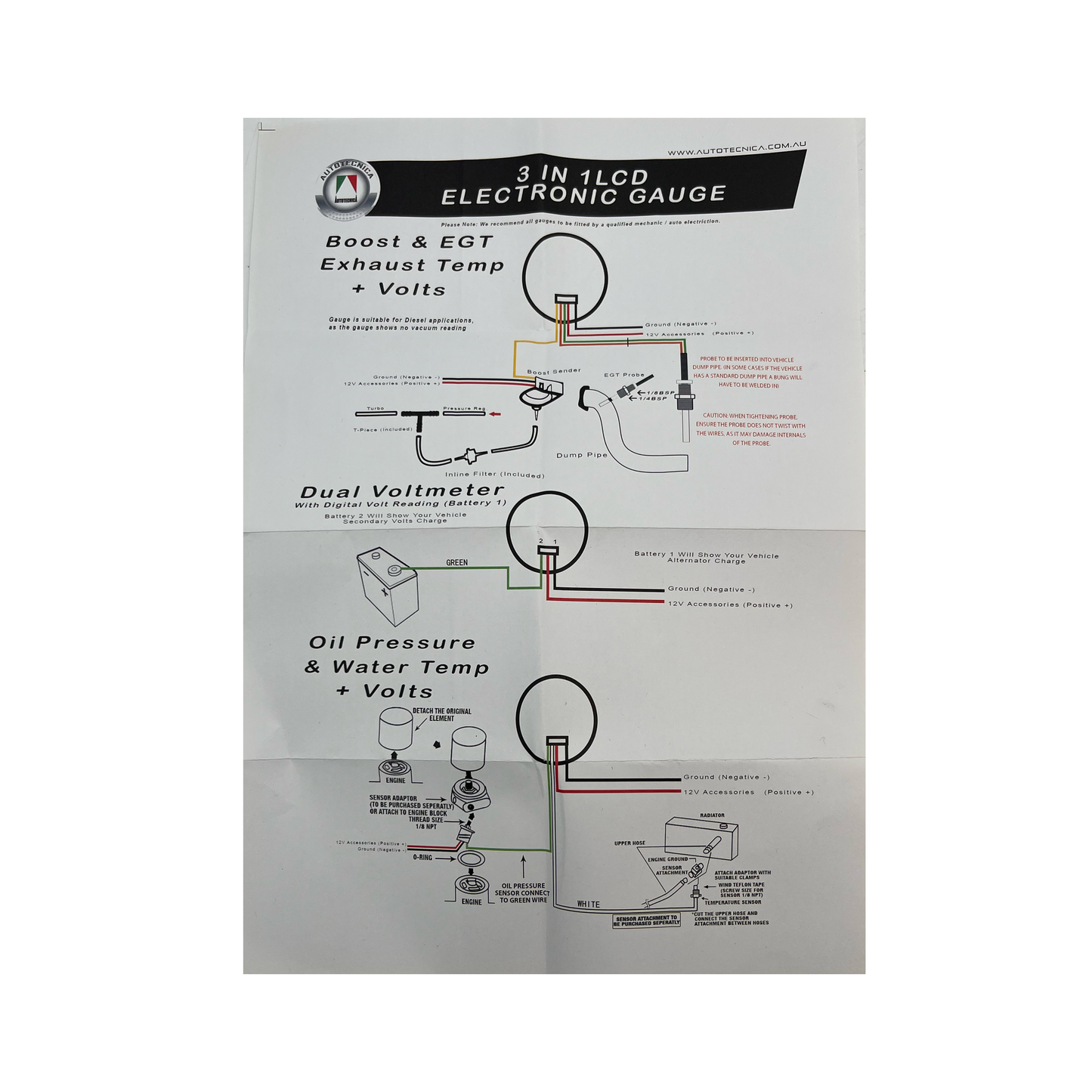 AUTOTECNICA LCD Digital 3-IN-1 Gauge EGT Pyrometer Boost Diesel Volts 52mm (2")