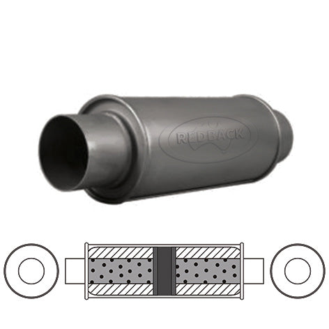 2-1/2" Chambered Muffler Centre/Centre - 5" Round, 12" Long, Aluminised Steel
