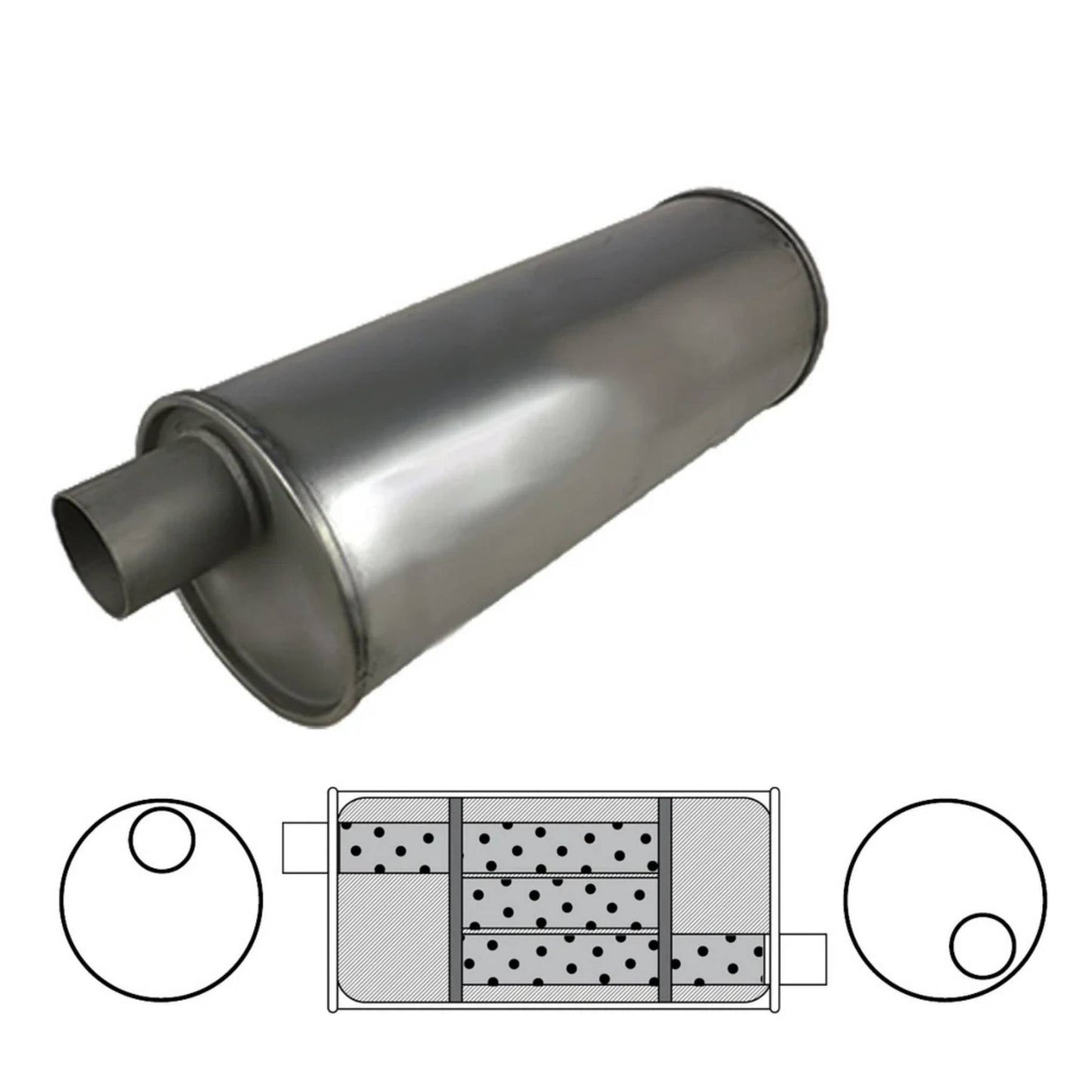 2" Triple Flow Muffler Offset/Offset - 6" Round, 16" Long, Aluminised Steel