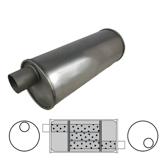 2" Triple Flow Muffler Offset/Offset - 6" Round, 16" Long, Aluminised Steel