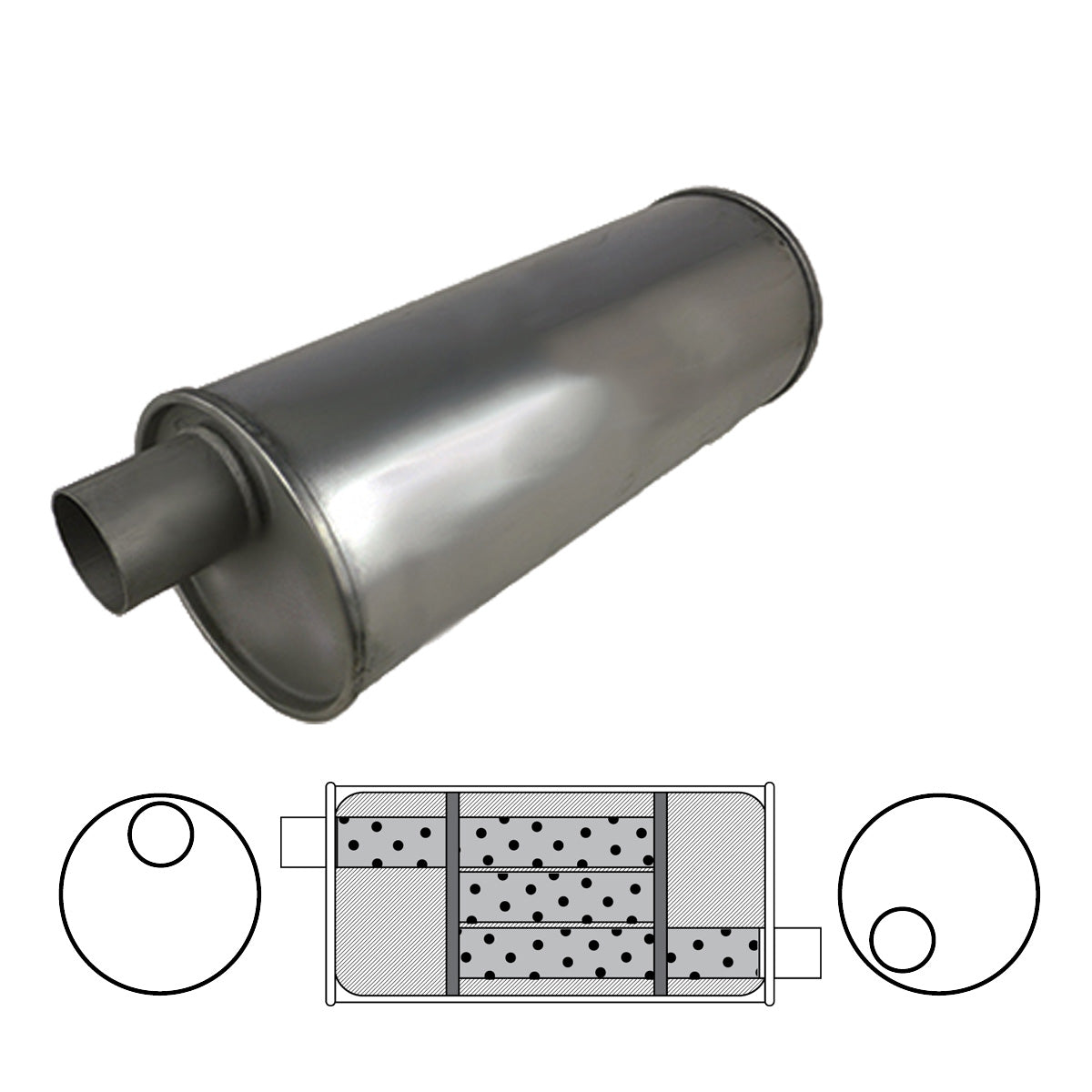 2" Triple Flow Muffler Offset/Offset - 6" Round, 18" Long, Aluminised Steel