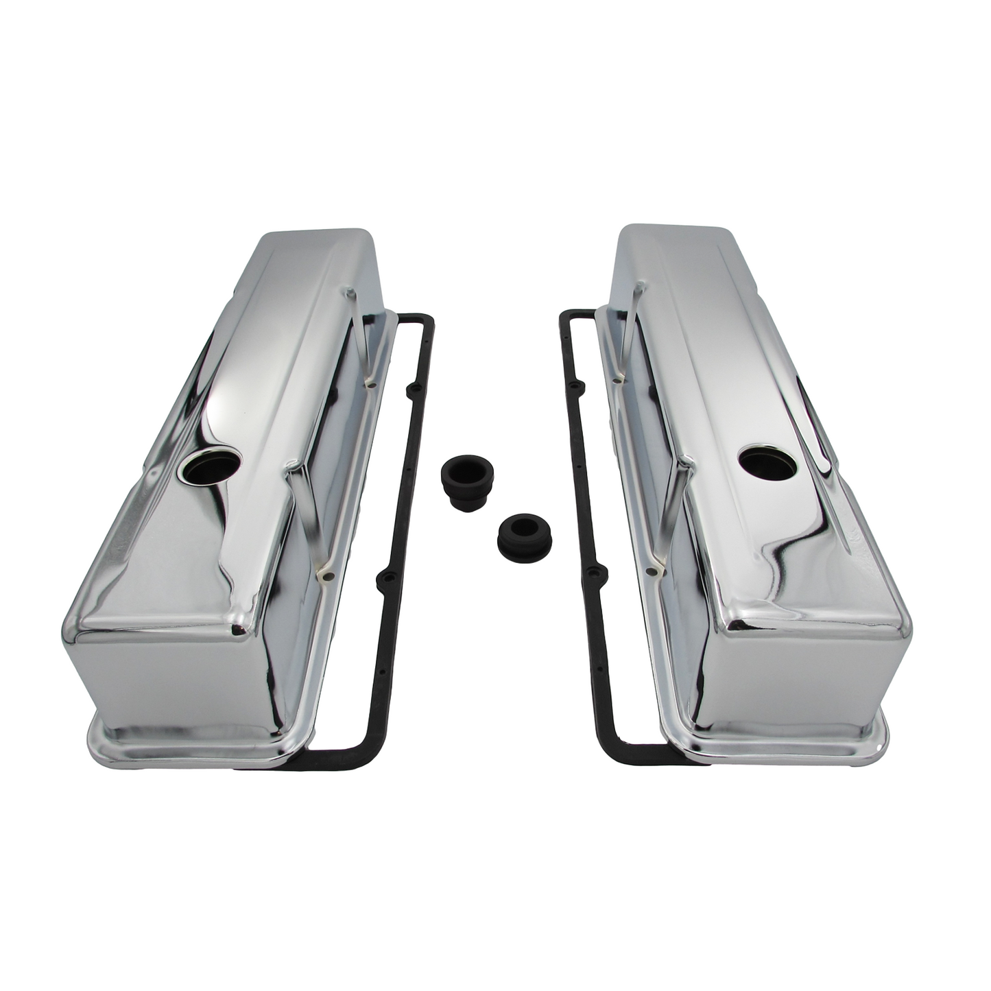 SPECO Chevy 283-350 SBC Chrome Valve Covers with Rubber Gaskets & Grommets Kit