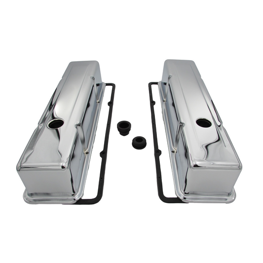 SPECO Chevy 283-350 SBC Chrome Valve Covers with Rubber Gaskets & Grommets Kit