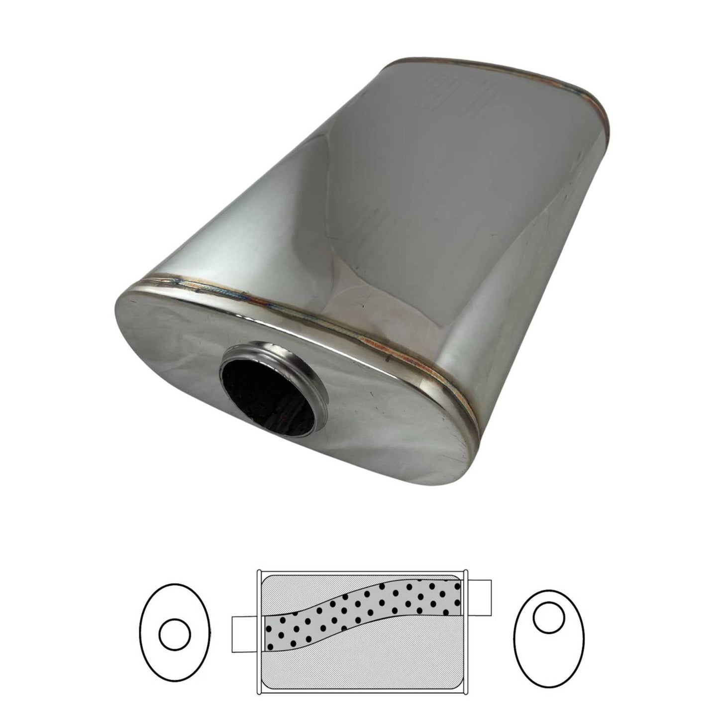 2-1/4" Performance Muffler Offset/Centre - 9" x 4" Oval, 14" Long, 304 SS