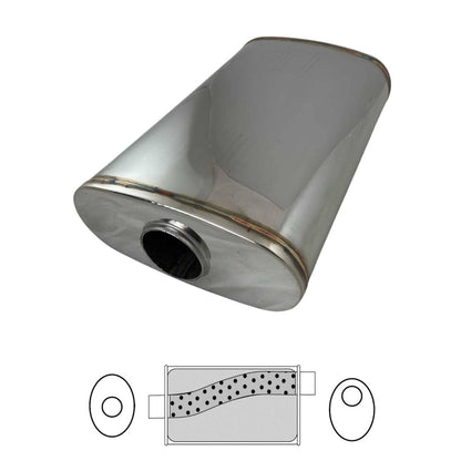 2-1/4" Performance Muffler Offset/Centre - 9" x 4" Oval, 14" Long, 304 SS