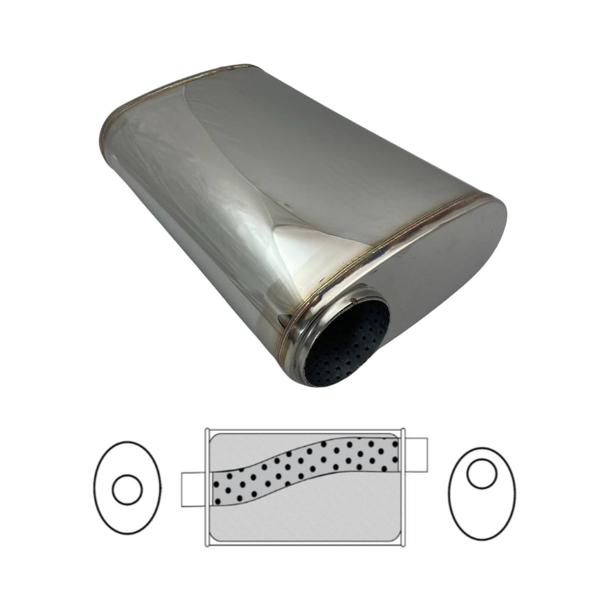 3" Performance Muffler Offset/Centre - 9" x 4" Oval, 14" Long, 304 SS