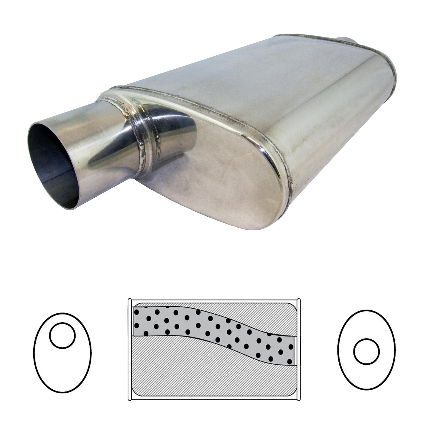 3" Performance Muffler Offset/Centre - 9" x 4" Oval, 14" Long, 304 SS