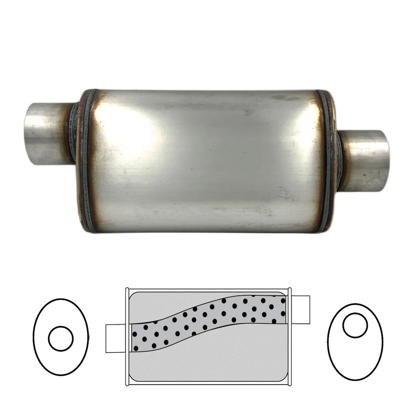 3-1/2" Performance Muffler Offset/Centre - 8" x 5" Oval, 14" Long, 409 SS