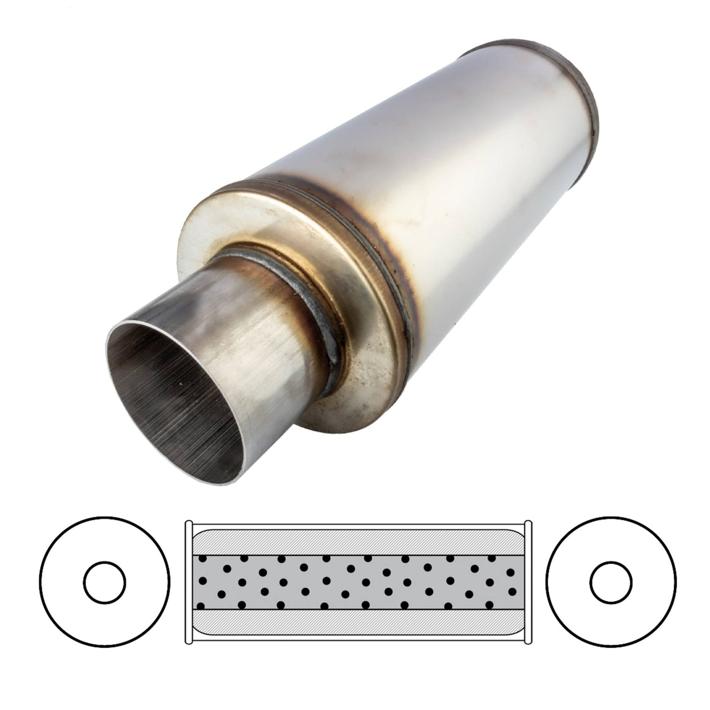 3-1/2" Performance Muffler Centre/Centre - 6" Round, 14" Long, 409 SS