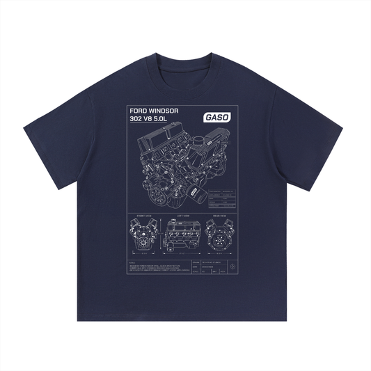 GASO "Shop Drawing" 302 Ford Windsor 5.0L V8 T-Shirt (Blue or Black)