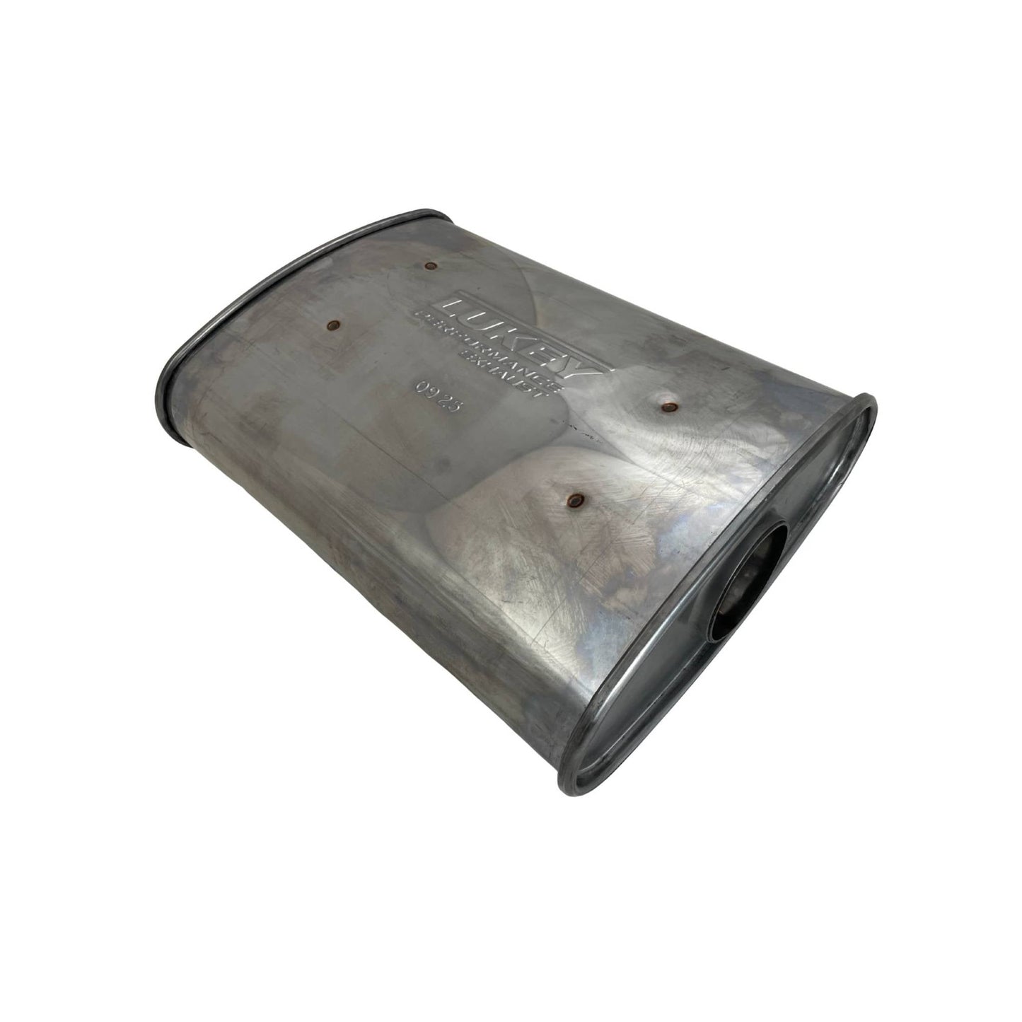 2-1/2" Triple Flow Lukey Muffler Offset/Centre - 10" x 4" Oval, 14" Long, 430 SS