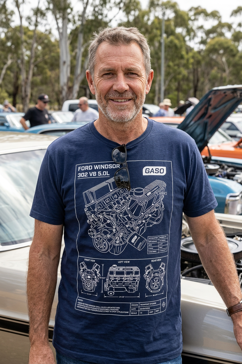 GASO "Shop Drawing" 302 Ford Windsor 5.0L V8 T-Shirt (Blue or Black)