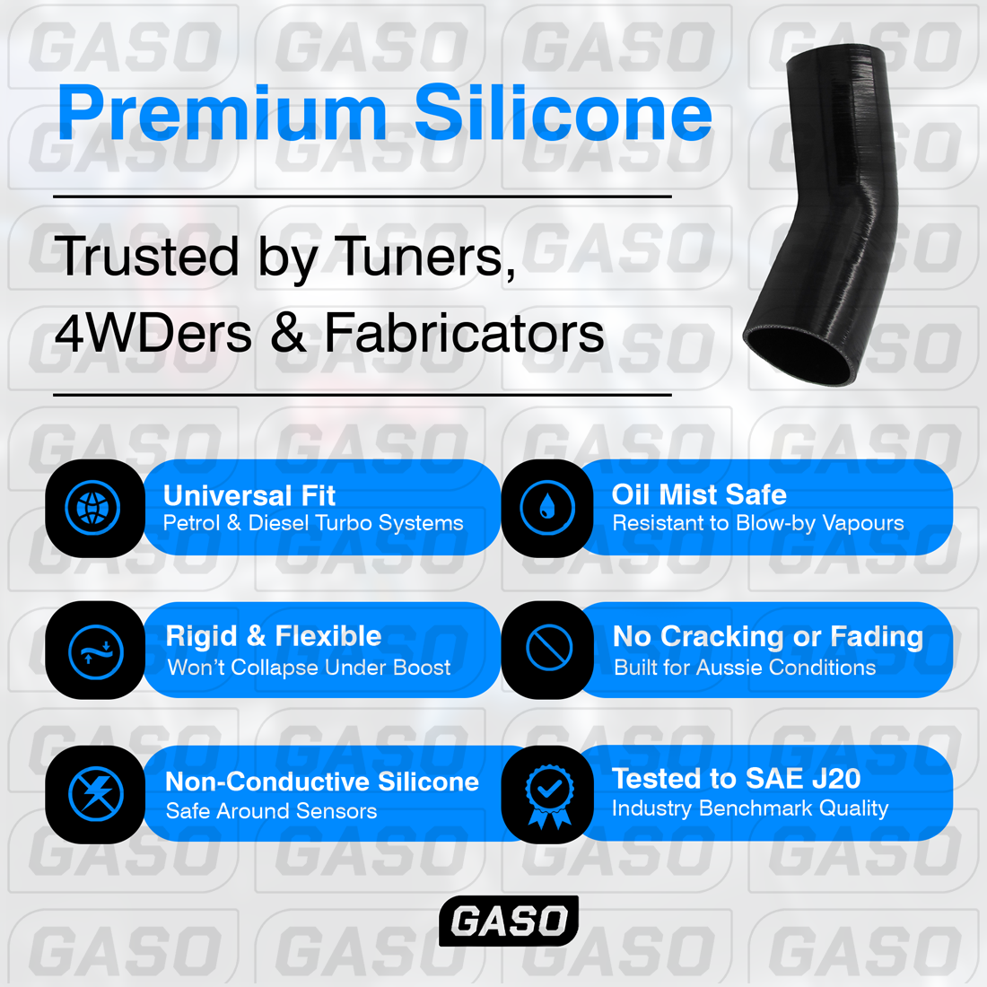 GASO 90 Degree Reducer Elbow 3.5" to 3" (89-76mm) Silicone Hose Black