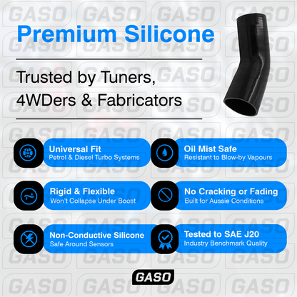 GASO 90 Degree Reducer Elbow 3.5" to 3" (89-76mm) Silicone Hose Black