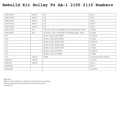 Rebuild Kit Holley 94 2100 2110 Carburettors AA-1 Ford V8 International Mercury [KH1]