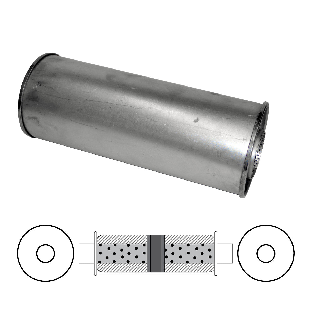 2-1/2" Chambered Muffler Centre/Centre - 6" Round, 14" Long, Aluminised Steel