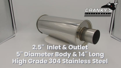 GASO 304 Polished Stainless Steel Hotdog Muffler 2-1/2" Inch ID 5" Diameter x 14" Long