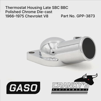 GASO Thermostat Housing Late SBC BBC Chrome Die-cast 1966–1975 Chevrolet V8