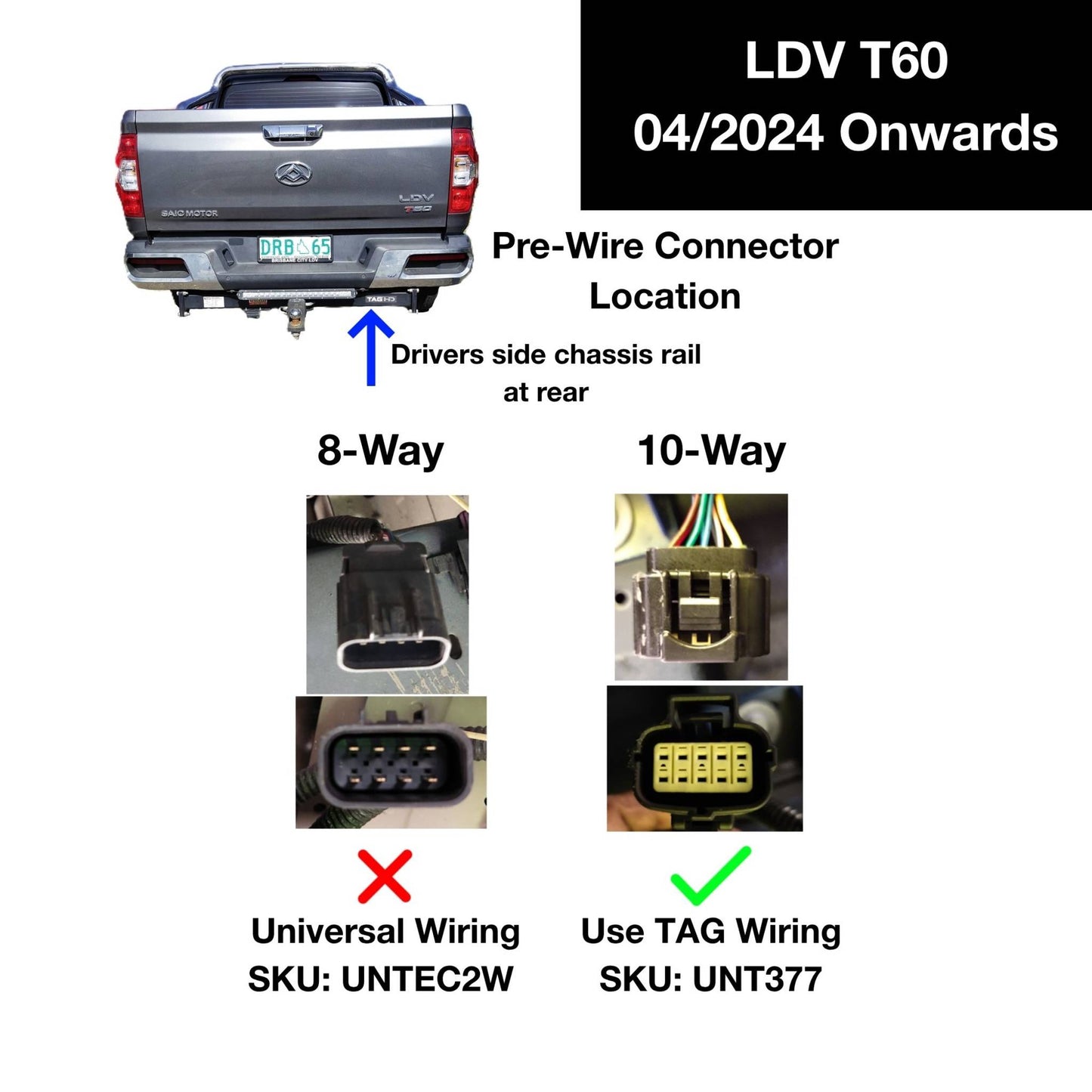 TAG Heavy Duty Towbar & Direct Fit Wiring for LDV T60 & T60 Max All Models Including Megatub (02/2024 - On)